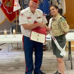 
Jorja Miller with Detachment Eagle Scout Liaison, Jerry Van Hecke, at Court of Honor -- 28 April 2024