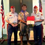 
Joshua G Segura, Troop #243, at Court of Honor 10 August 2024 with Detachment Jr Vice Commandant Joe Johnston and Eagle Scout Liaison Jerry Van Hecke